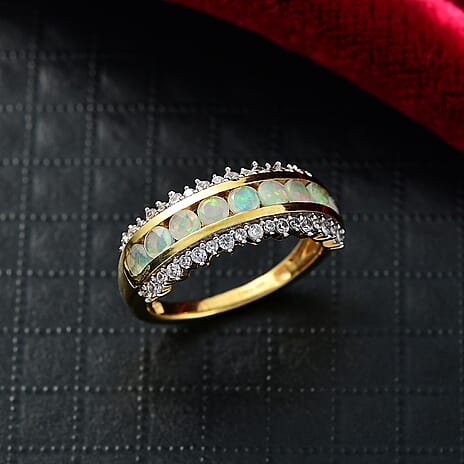 Djoy Ethiopian Opal & White Zircon Rainbow Lineage Ring in Yellow Gold Plating Sterling Silver 1.34 Ct.