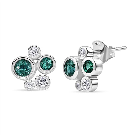 D'joy Zambian Emerald & White Zircon Earring with Push Back in Rhodium Overlay Sterling Silver 1.00 Ct.