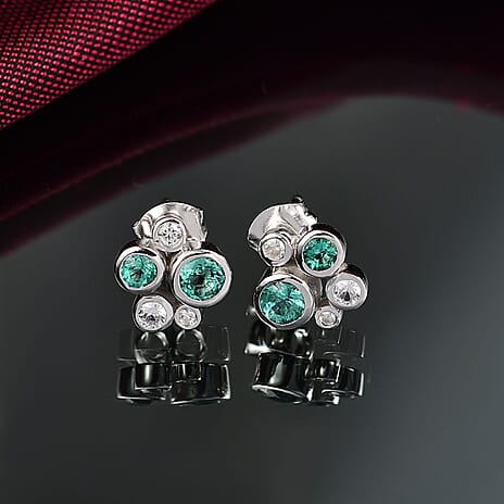 D'joy Zambian Emerald & White Zircon Earring with Push Back in Rhodium Overlay Sterling Silver 1.00 Ct.