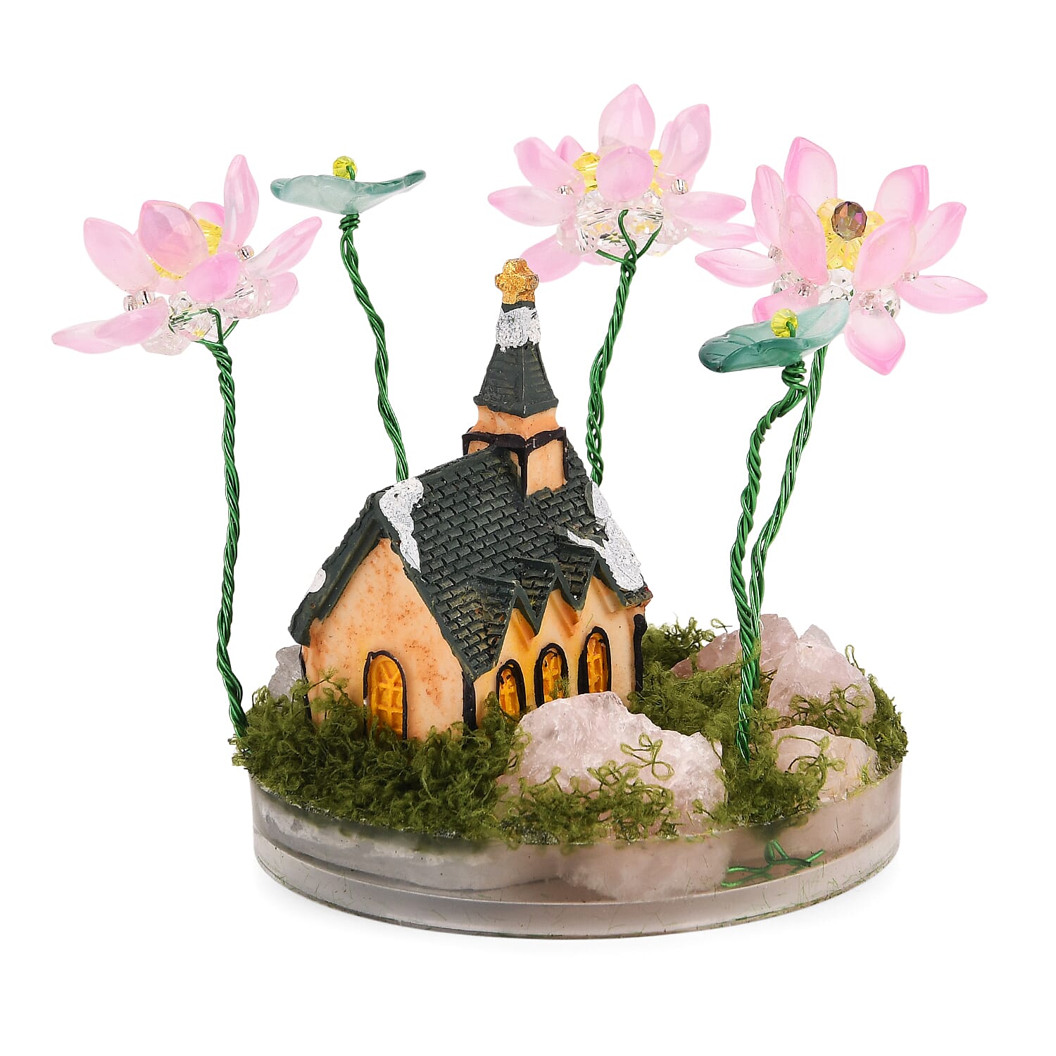 Lotus Flower with House Ornament (10 cm) - Green & Pink