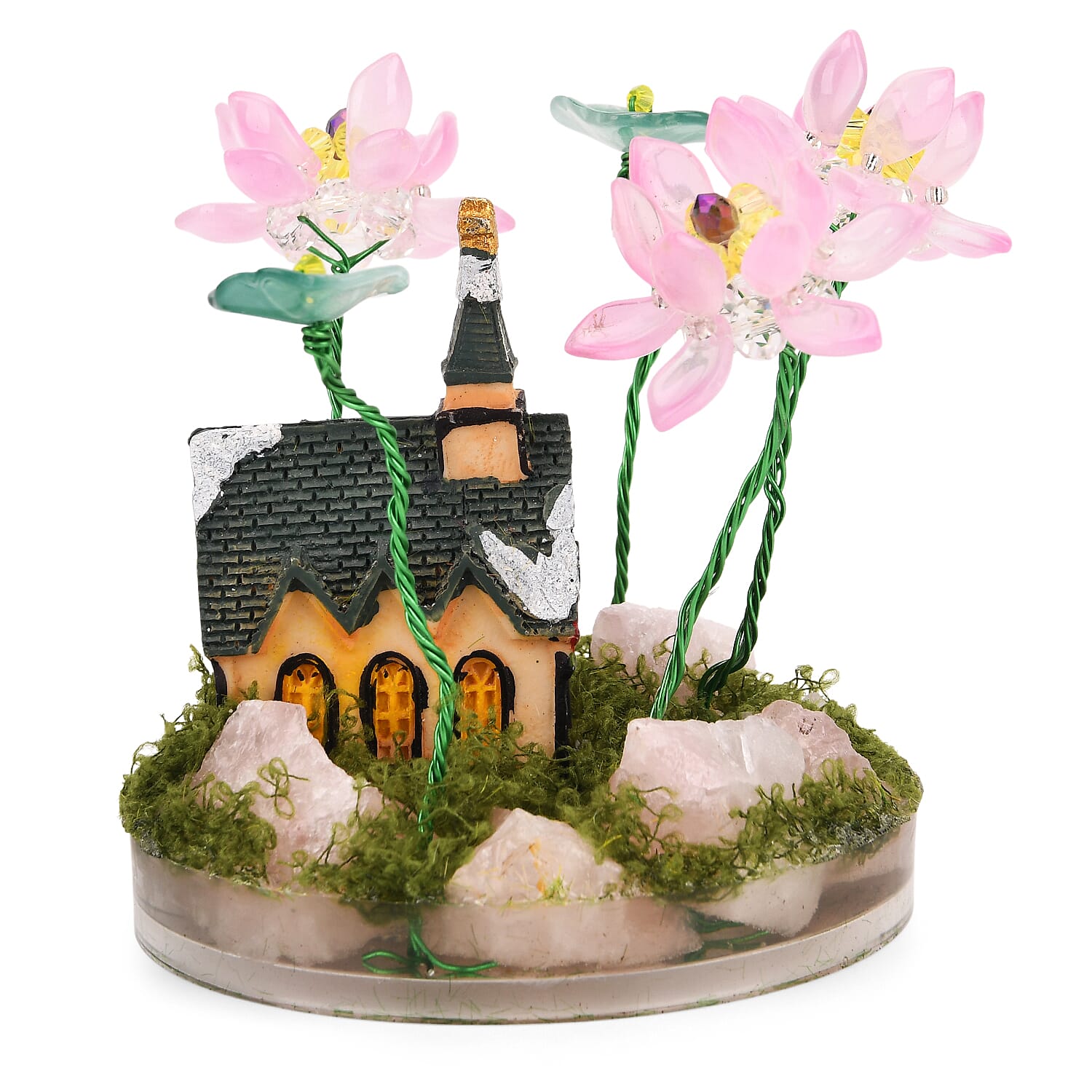 Lotus Flower with House Ornament (10 cm) - Green & Pink