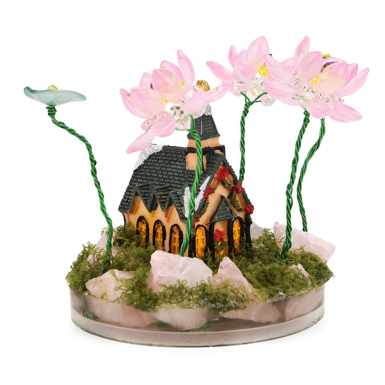 Lotus Flower with House Ornament (10 cm) - Green & Pink