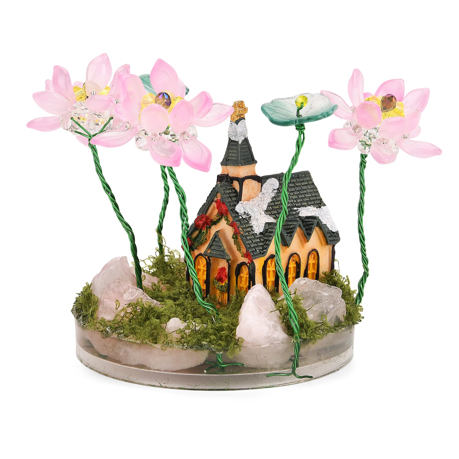Lotus Flower with House Ornament (10 cm) - Green & Pink