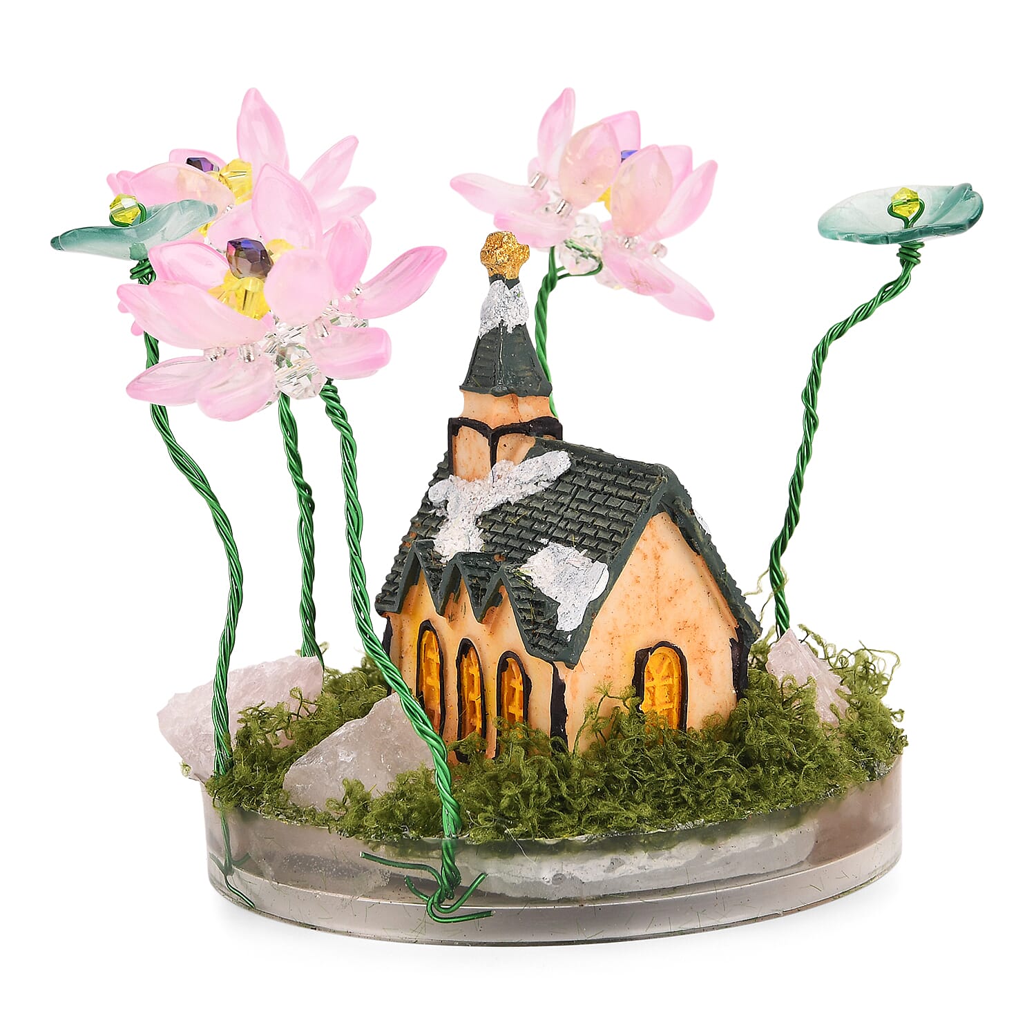 Lotus Flower with House Ornament (10 cm) - Green & Pink