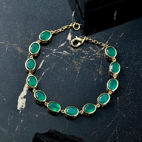 Verde Onyx Linking Bracelet (Size - 7.5) with Lobster Clasp in Yellow Gold Plating 13.35 Ct.