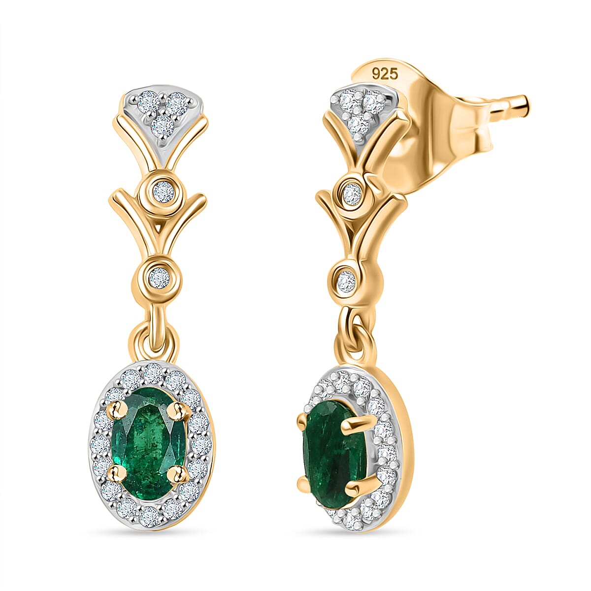 D'joy Zambian Emerald & White Zircon Dangling Earring with Push Back in 18K Yellow Gold Plating Sterling Silver
