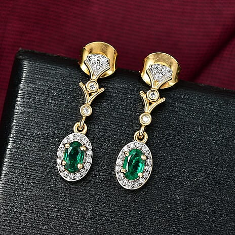 D'joy Zambian Emerald & White Zircon Dangling Earring with Push Back in 18K Yellow Gold Plating Sterling Silver