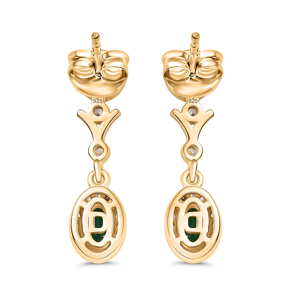 D'joy Zambian Emerald & White Zircon Dangling Earring with Push Back in 18K Yellow Gold Plating Sterling Silver
