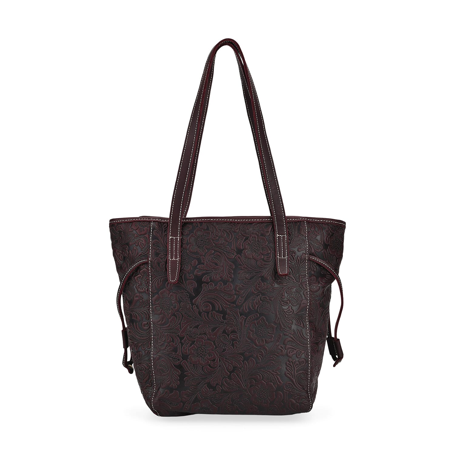 100% Geniune Leather Floral Embossed Tote Bag - Dark Coffee
