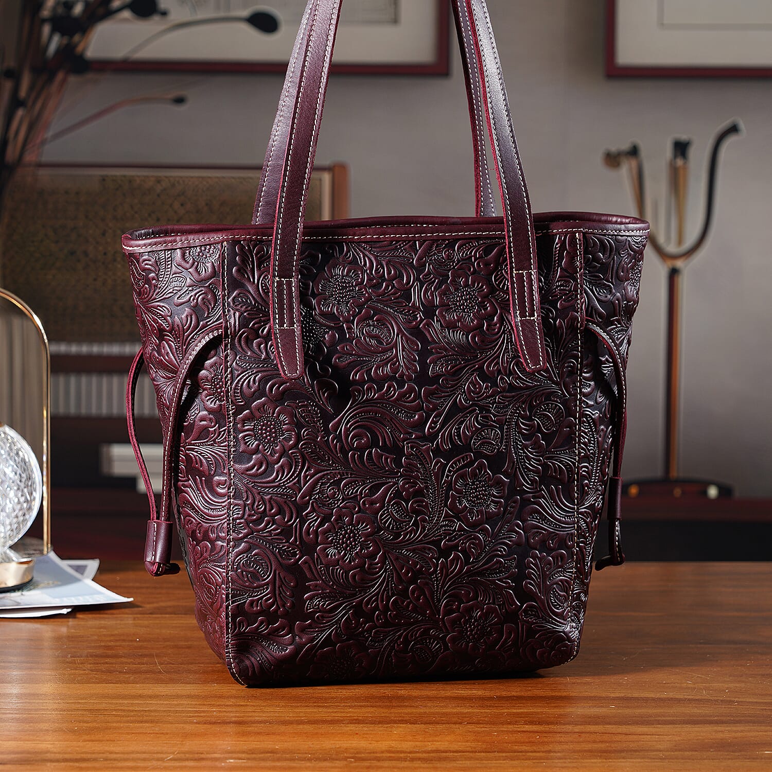 100% Geniune Leather Floral Embossed Tote Bag - Dark Coffee