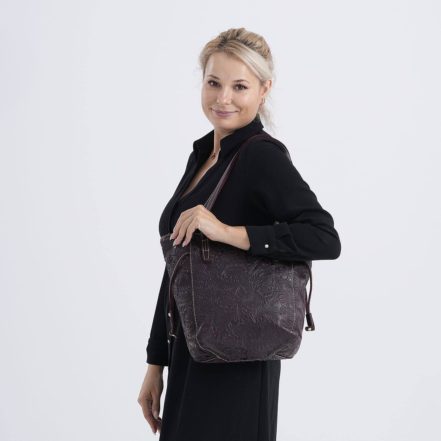 100% Geniune Leather Floral Embossed Tote Bag - Dark Coffee