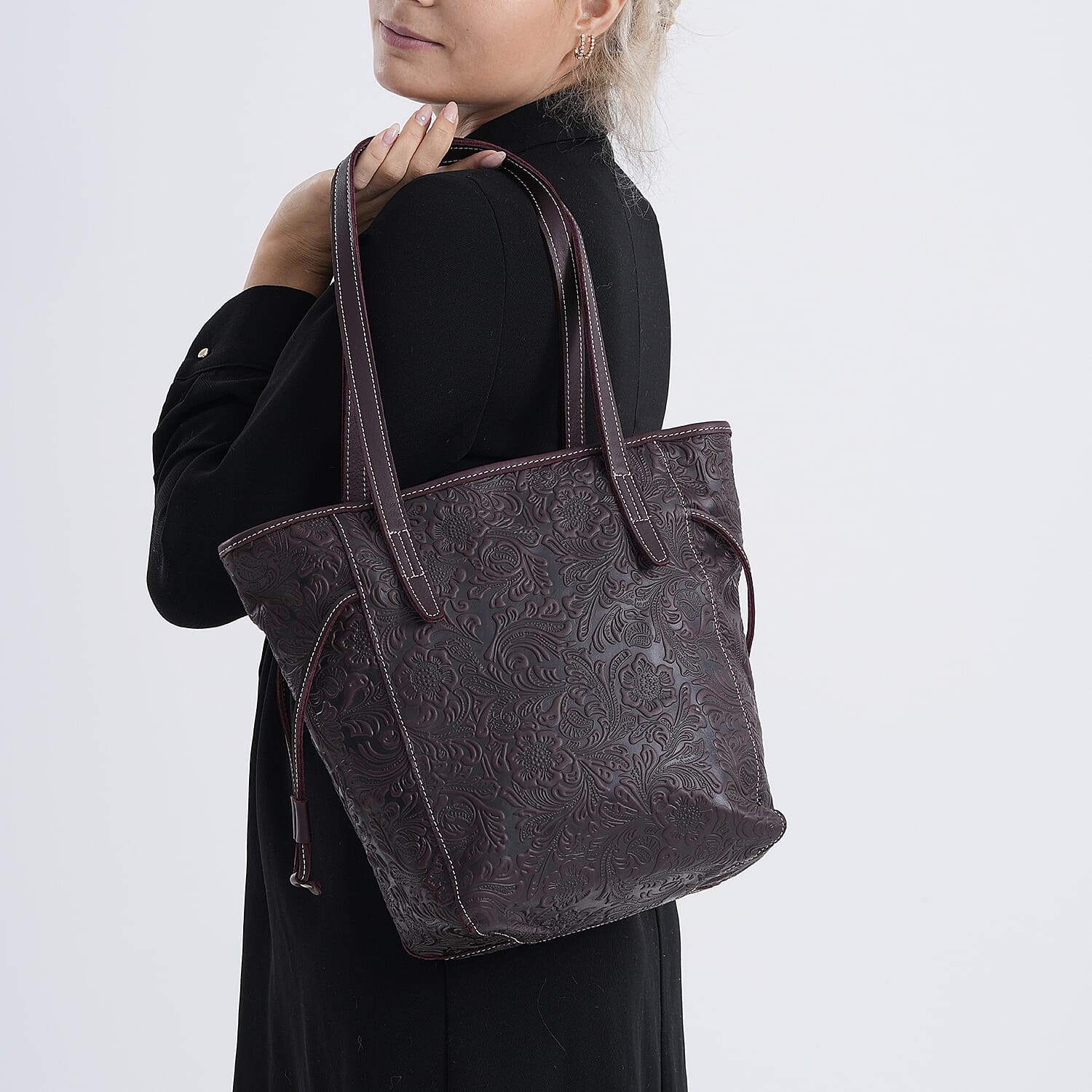 100% Geniune Leather Floral Embossed Tote Bag - Dark Coffee