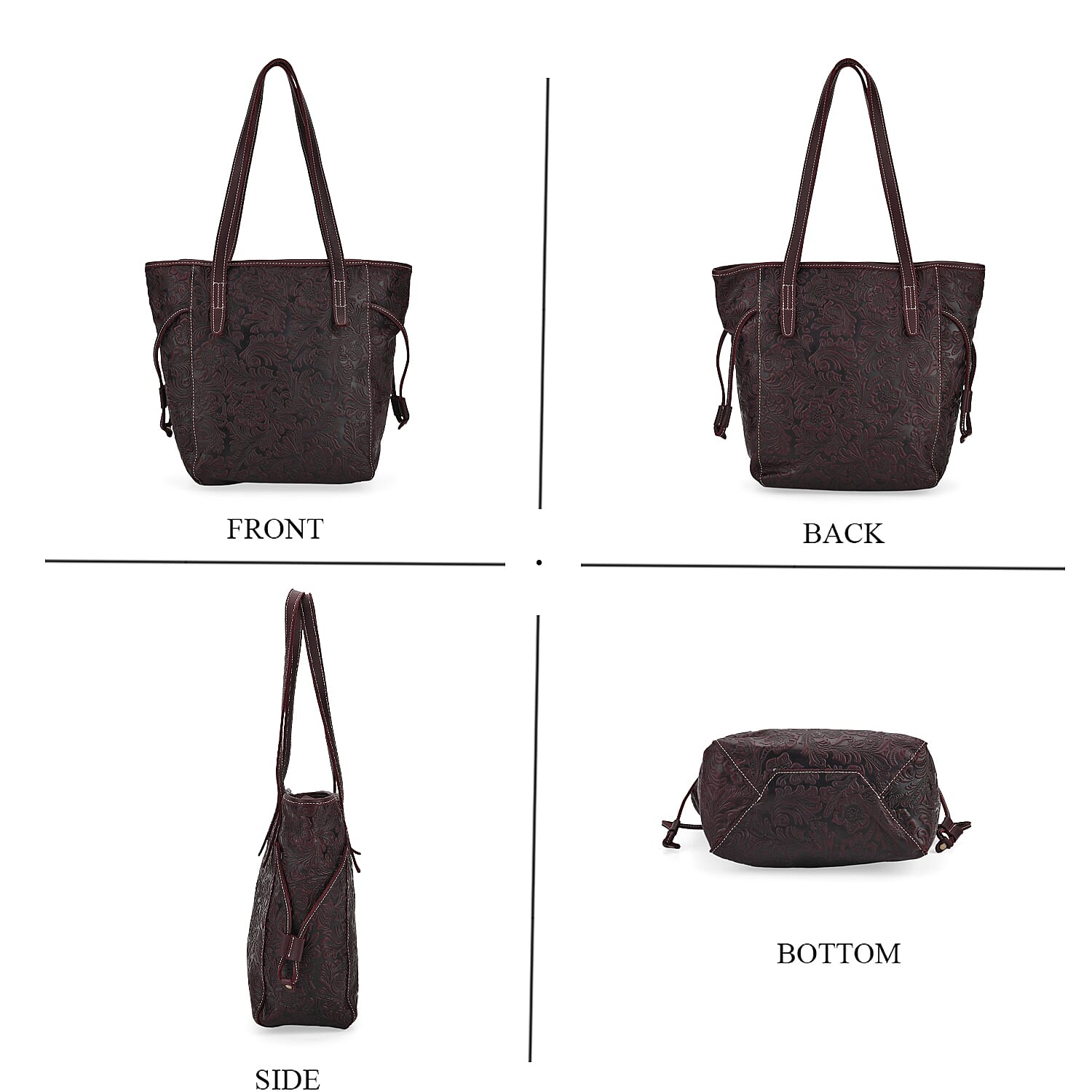 100% Geniune Leather Floral Embossed Tote Bag - Dark Coffee