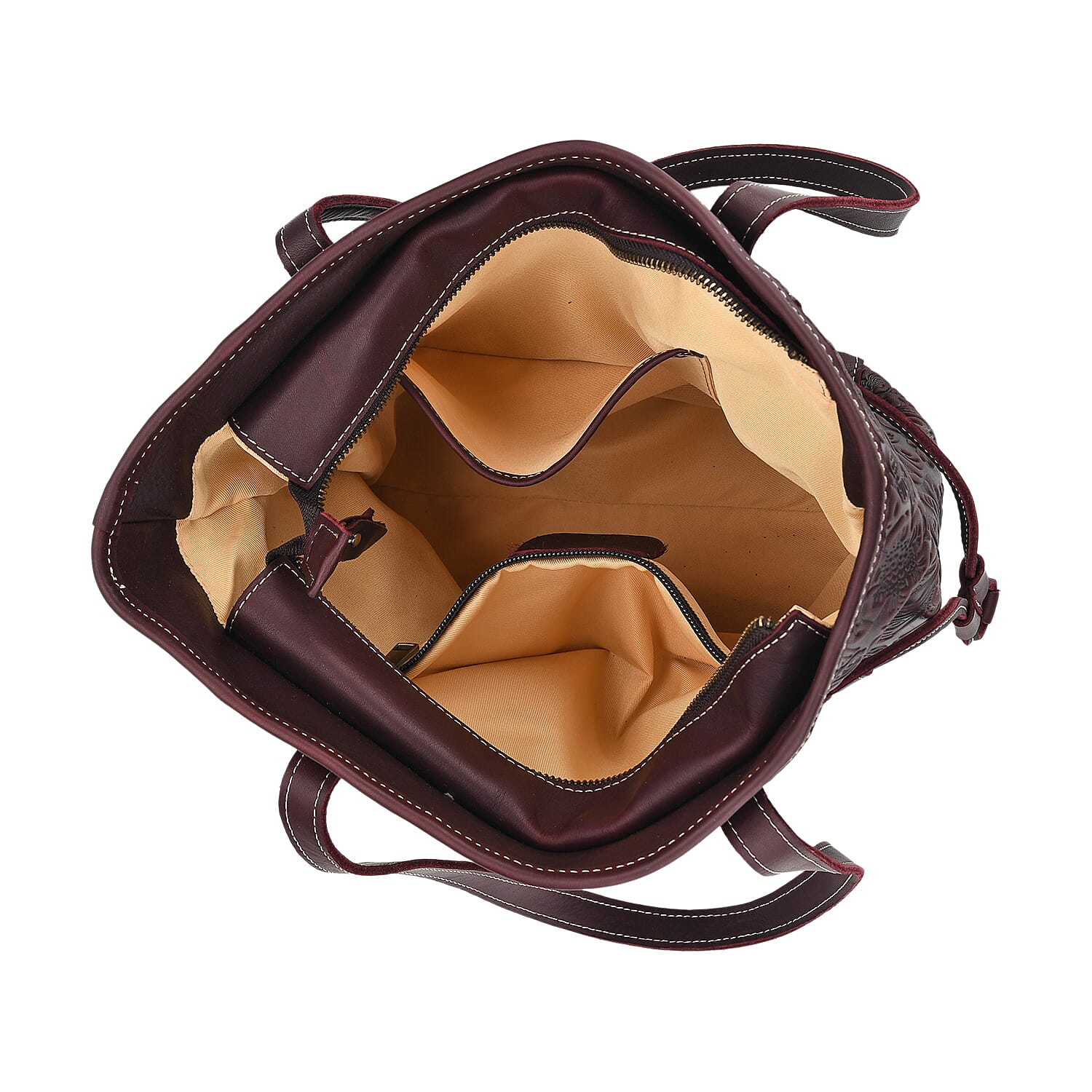 100% Geniune Leather Floral Embossed Tote Bag - Dark Coffee