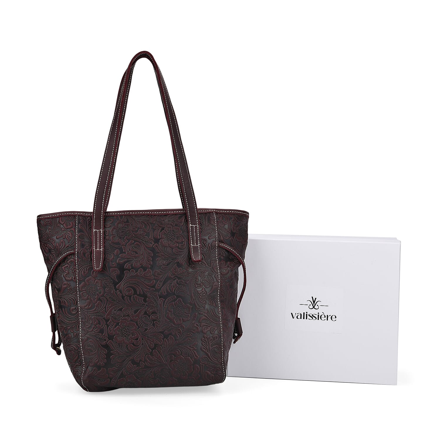 100% Geniune Leather Floral Embossed Tote Bag - Dark Coffee