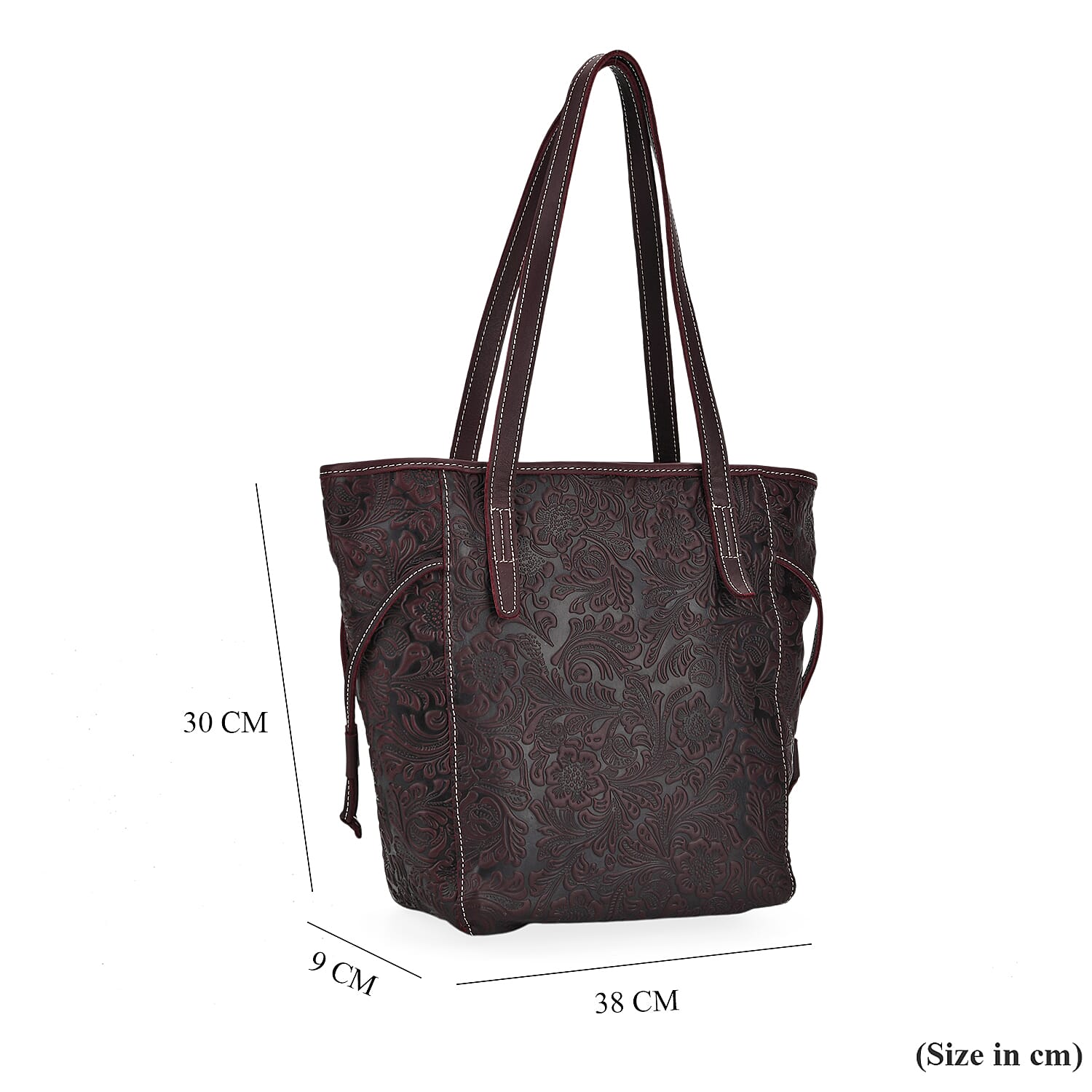 100% Geniune Leather Floral Embossed Tote Bag - Dark Coffee