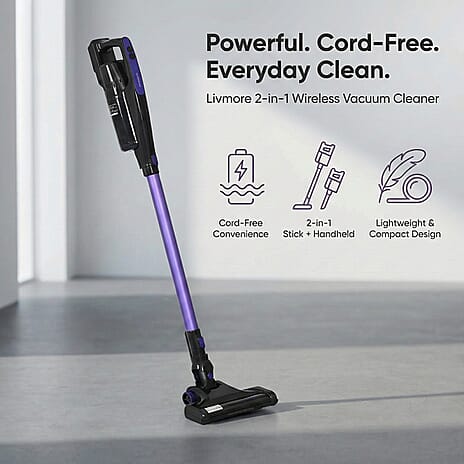 NEW LIVMORE 2 in 1 Wireless Vacuum Cleaner and Mop, All Floors - Handheld, Run Time - Up To 60 mins, Lightweight, 0.5L dust capacity (Size 110x17 cm) - Purple