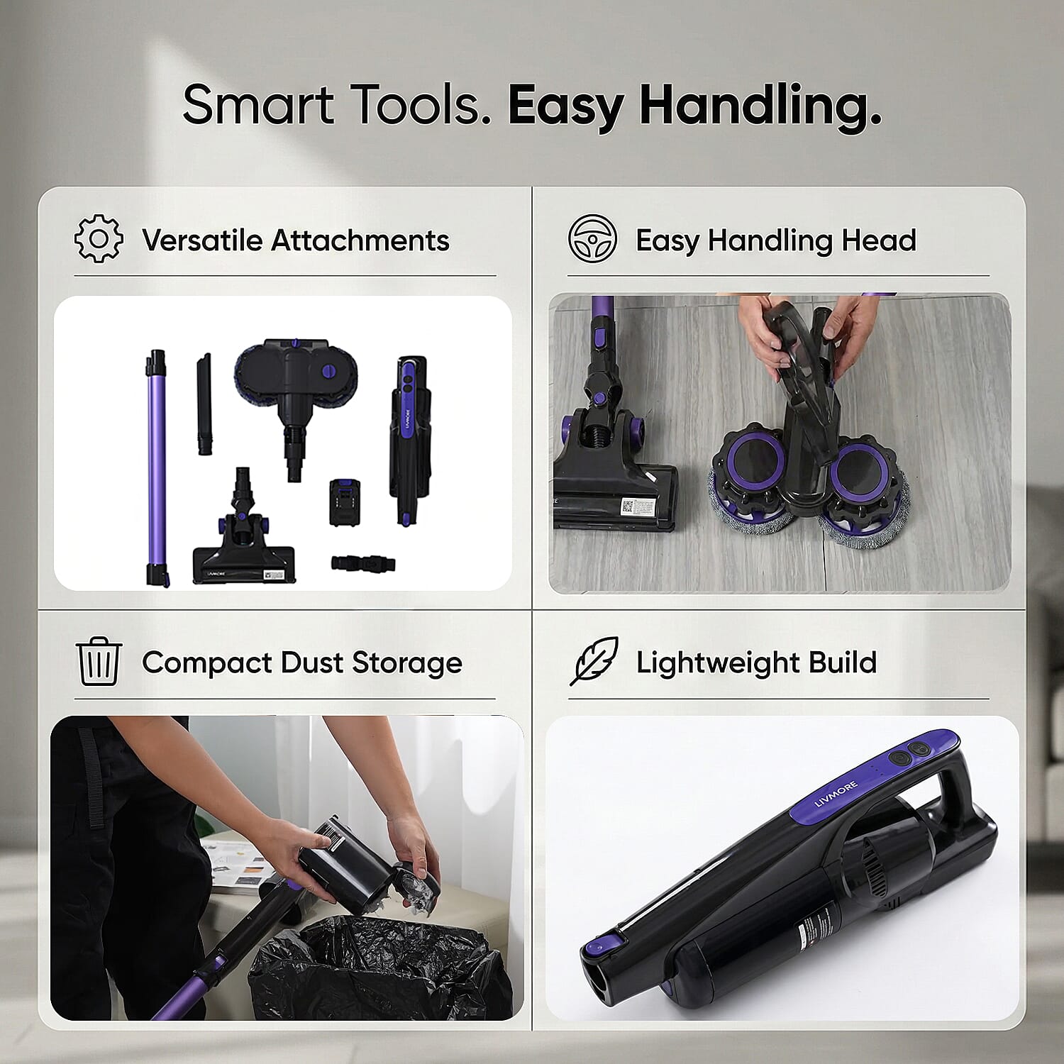 NEW LIVMORE 2 in 1 Wireless Vacuum Cleaner and Mop, All Floors - Handheld, Run Time - Up To 60 mins, Lightweight, 0.5L dust capacity (Size 110x17 cm) - Purple