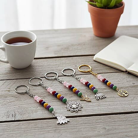 LIVMORE Set of 5 Gemstone Seven Chakra Key Chains with Charms