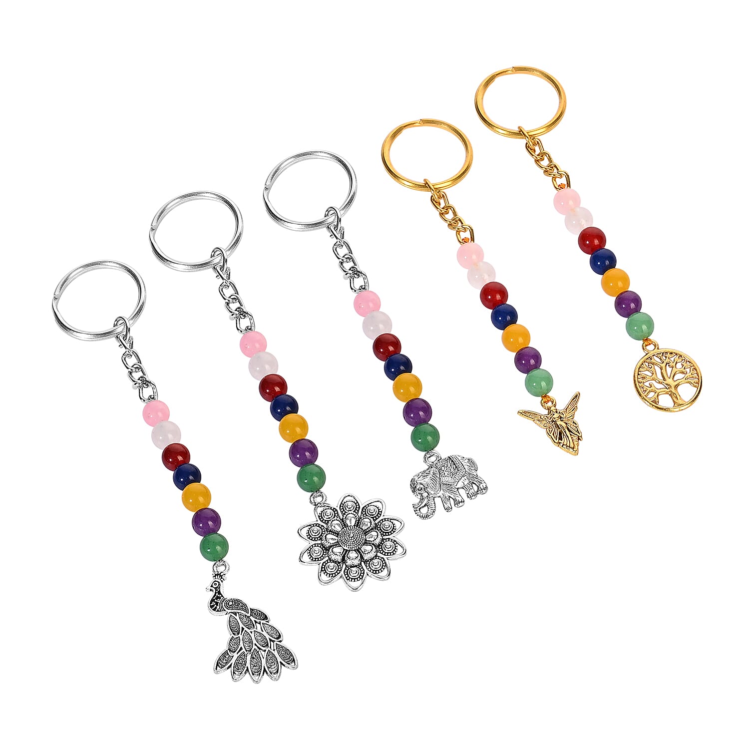 LIVMORE Set of 5 Gemstone Seven Chakra Key Chains with Charms