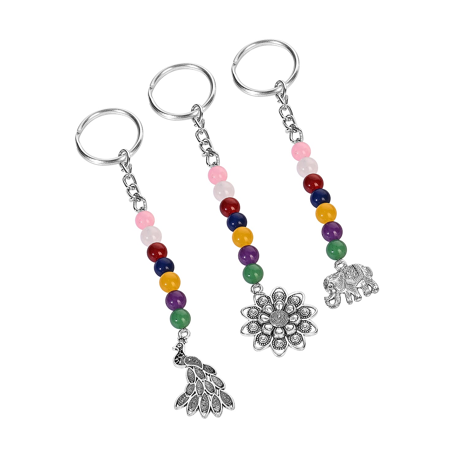 LIVMORE Set of 5 Gemstone Seven Chakra Key Chains with Charms