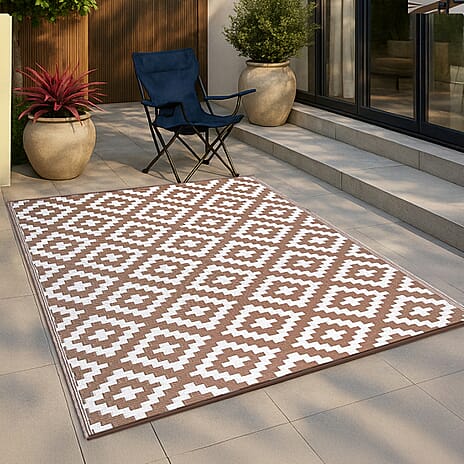 Green Decore Geometric Pattern Lightweight Reversible Stain Proof Outdoor Rug (180x120 cm) - Taupe - White