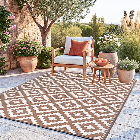 Green Decore Geometric Pattern Lightweight Reversible Stain Proof Outdoor Rug (180x120 cm) - Taupe - White