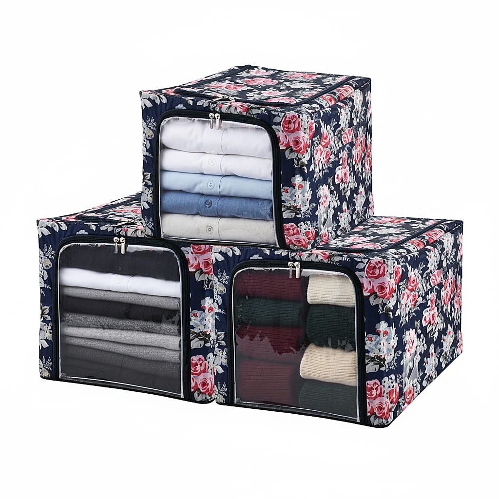 NEW - LIVMORE Set of 3 Floral Print Foldable Storage Box (Size 47x35x30 cm) - Navy