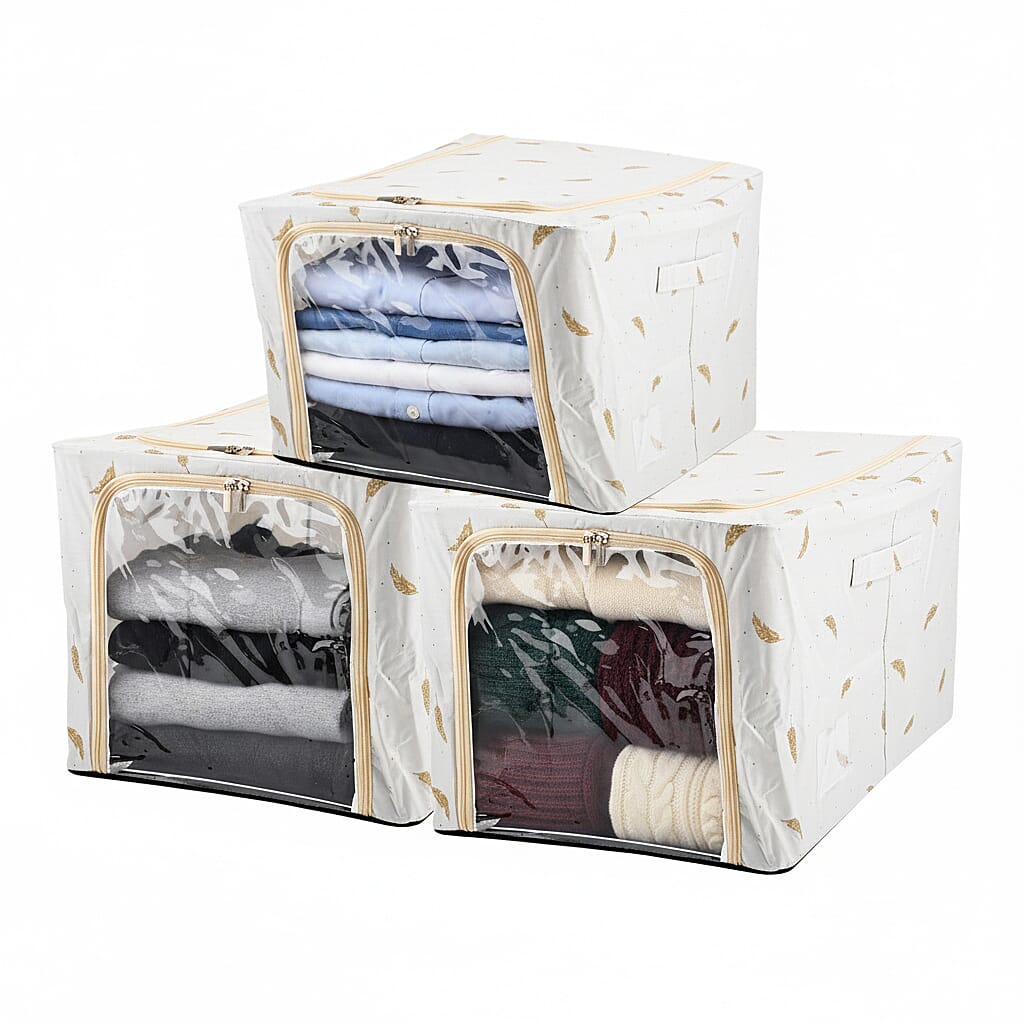 LIVMORE Set of 3 Feather Print Foldable Storage Box (Size 47x35x30 cm) - Light Green