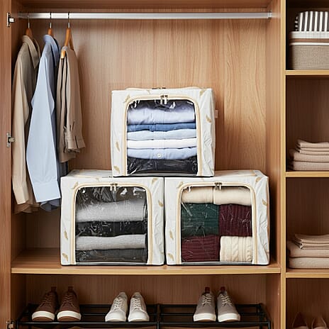 LIVMORE Set of 3 Feather Print Foldable Storage Box (Size 47x35x30 cm) - Light Green