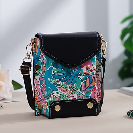 Embroidered Crossbody Bag with Long Adjustable Strap - Teal & Pink
