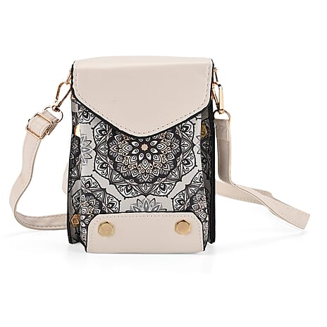 Embroidered Crossbody Bag with Long Adjustable Strap - Light Grey & Cream