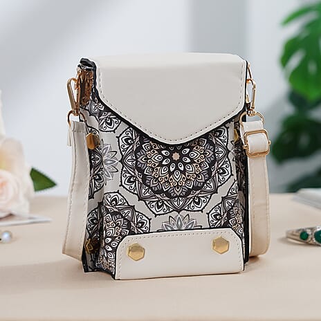 Embroidered Crossbody Bag with Long Adjustable Strap - Light Grey & Cream
