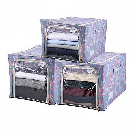 LIVMORE Set of 3 Flamingo Print Foldable Storage Box (Size 47x35x30 cm) - Grey