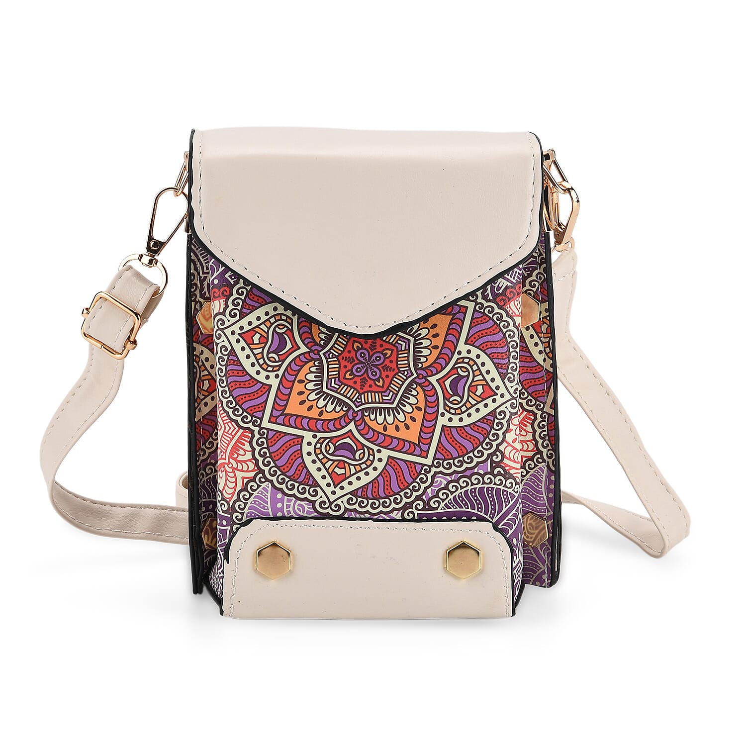 Embroidered Crossbody Bag with Long Adjustable Strap - Purple & Off-White