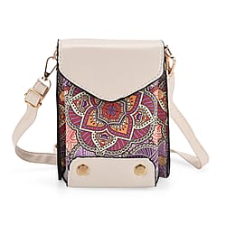 Embroidered Crossbody Bag with Long Adjustable Strap - Purple & Off-White