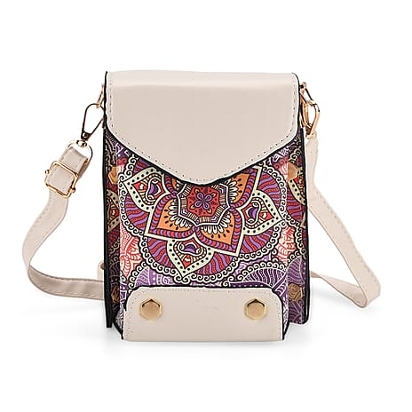 Embroidered Crossbody Bag with Long Adjustable Strap - Purple & Off-White