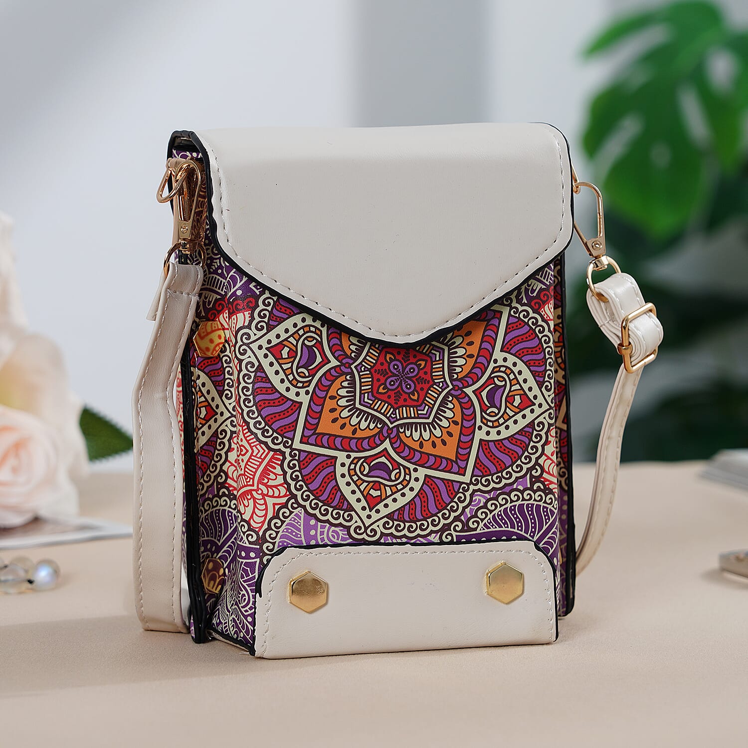 Embroidered Crossbody Bag with Long Adjustable Strap - Purple & Off-White