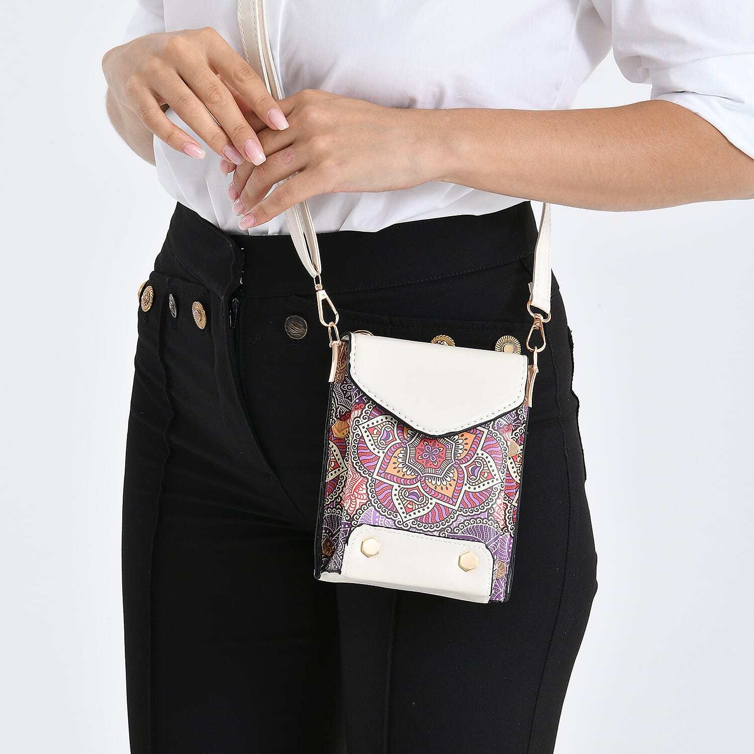 Embroidered Crossbody Bag with Long Adjustable Strap - Purple & Off-White