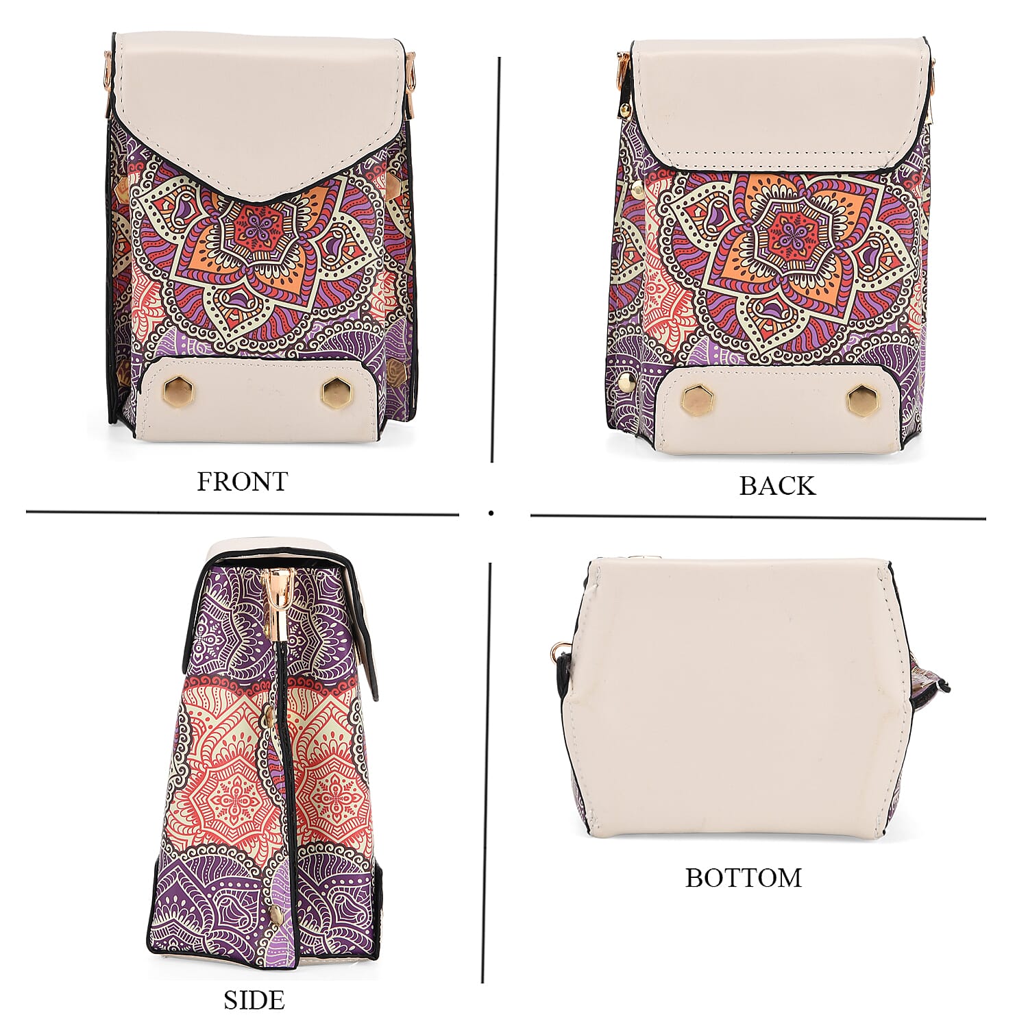 Embroidered Crossbody Bag with Long Adjustable Strap - Purple & Off-White