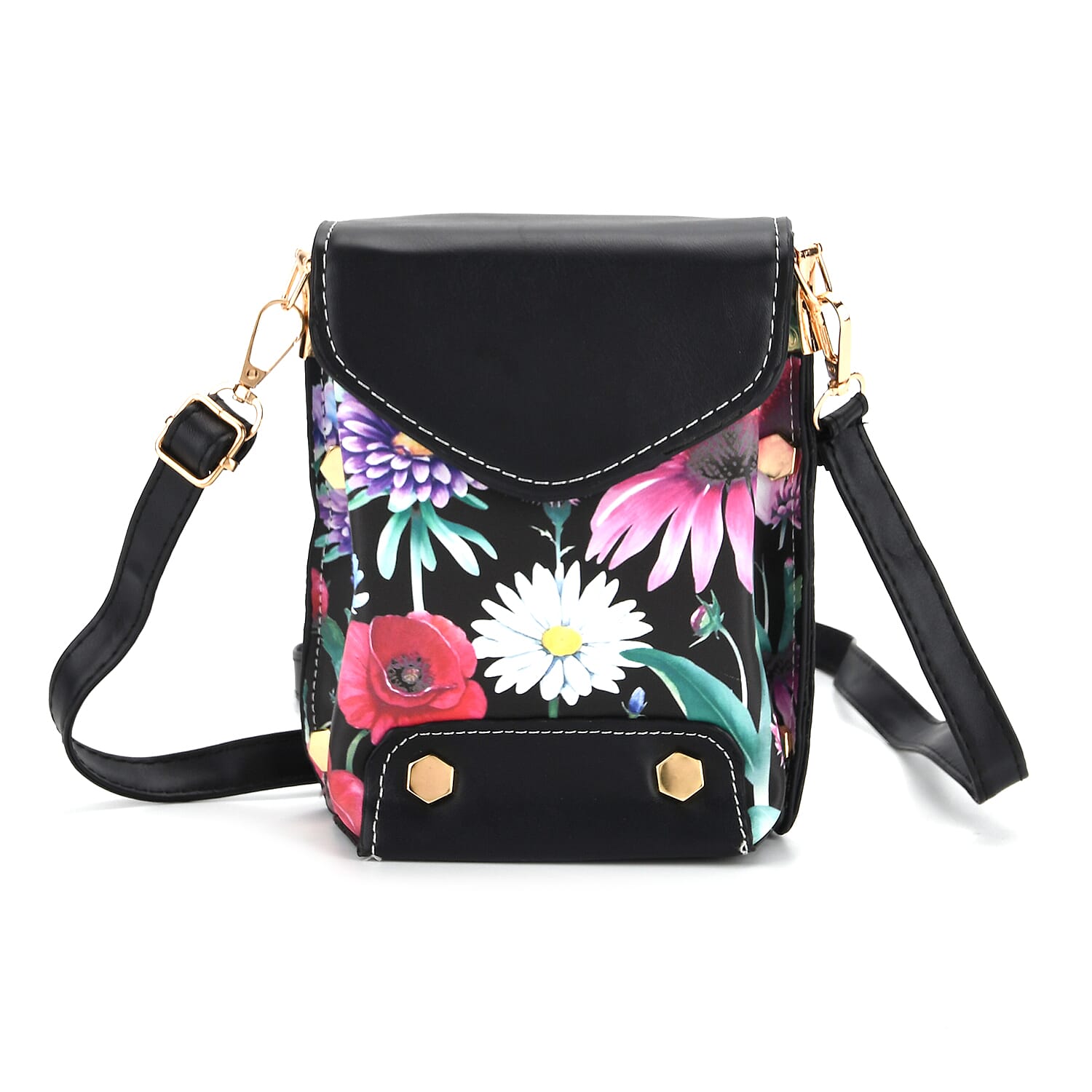 Floral Embroidered Minority Style Crossbody Bag with Long Adjustable Strap - Black & Multicolour