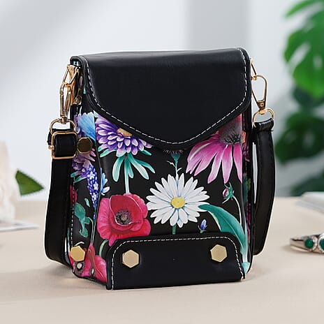 Floral Embroidered Minority Style Crossbody Bag with Long Adjustable Strap - Black & Multicolour