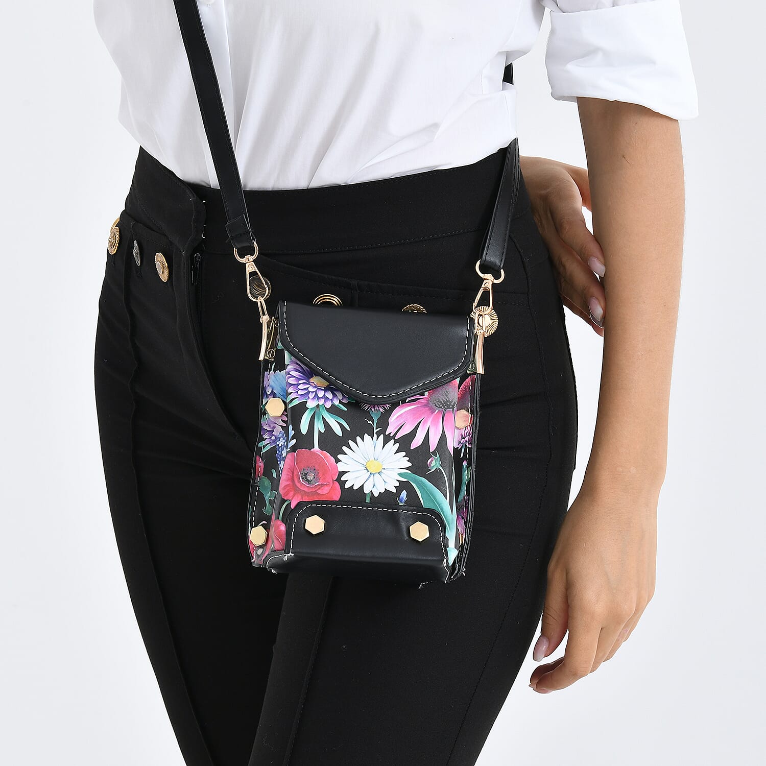 Floral Embroidered Minority Style Crossbody Bag with Long Adjustable Strap - Black & Multicolour