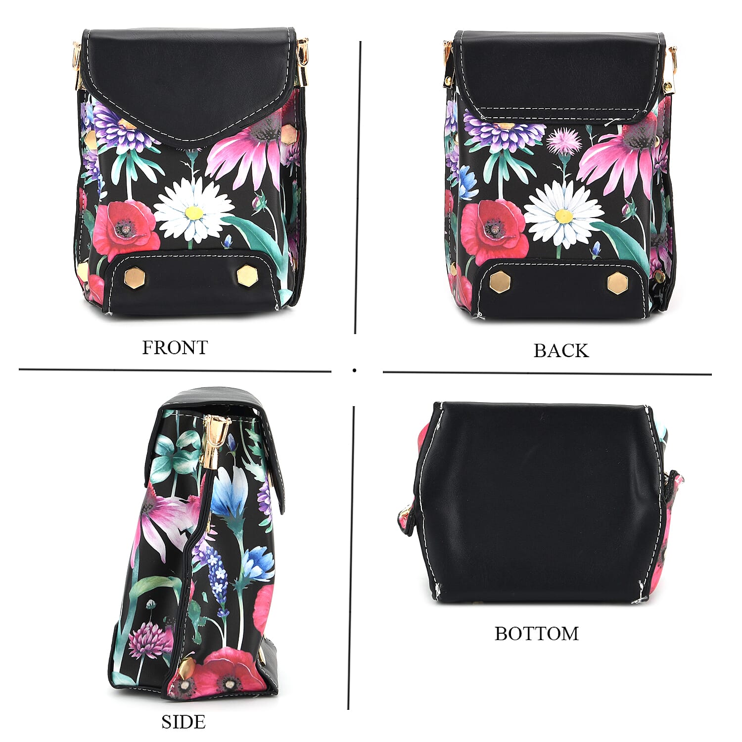 Floral Embroidered Minority Style Crossbody Bag with Long Adjustable Strap - Black & Multicolour