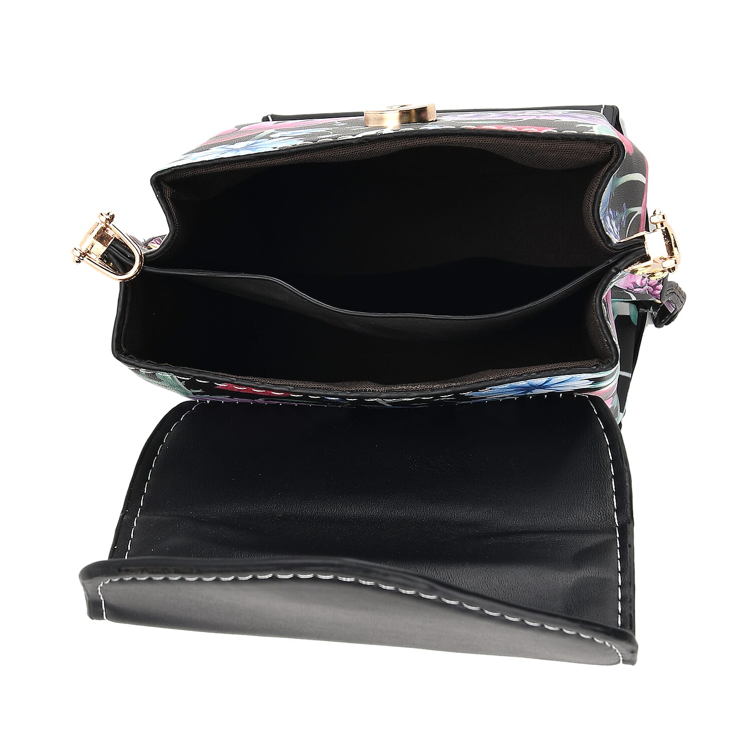 Floral Embroidered Minority Style Crossbody Bag with Long Adjustable Strap - Black & Multicolour