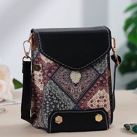 Rhomboid Embroidered Crossbody Bag with Long Adjustable Strap - Black & Green