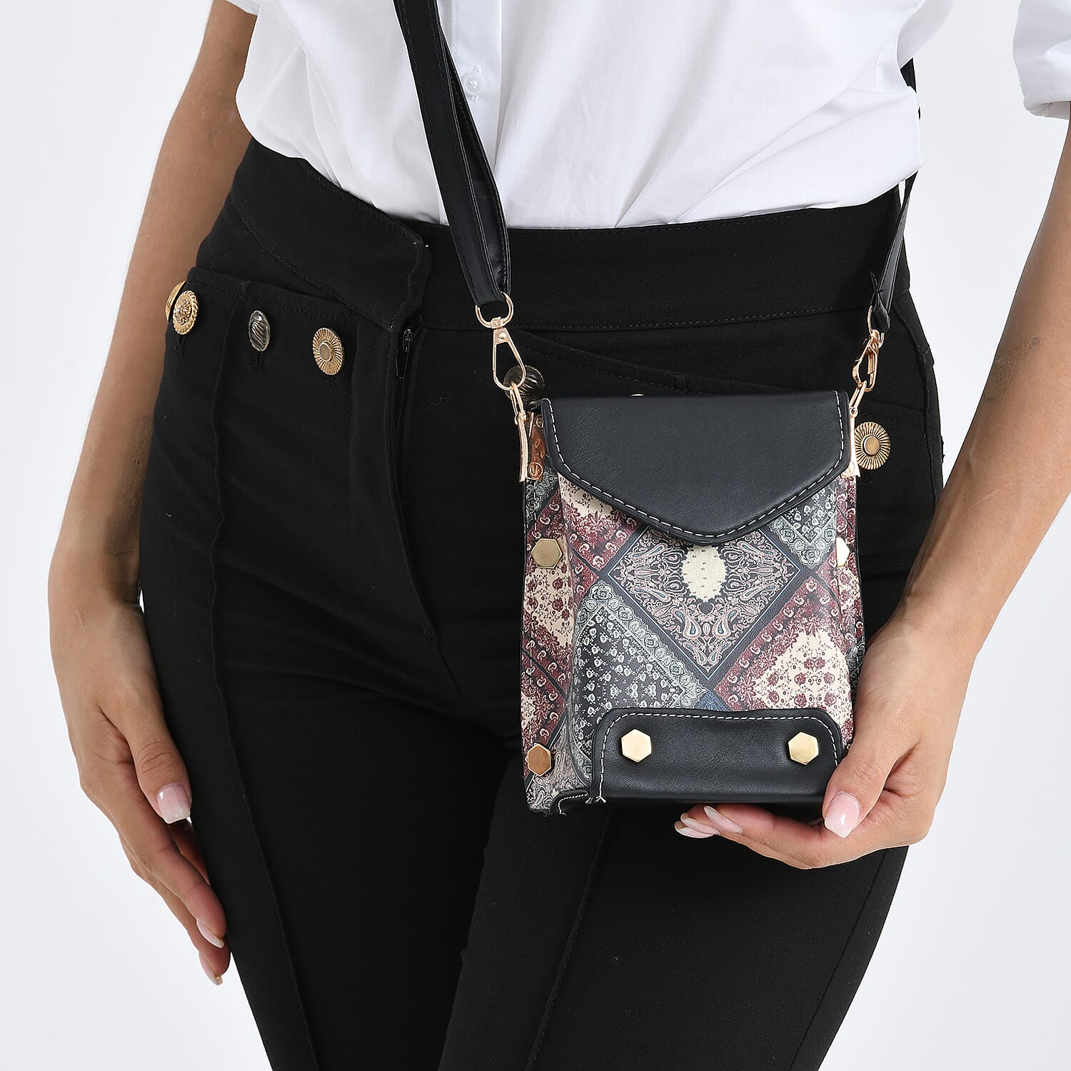 Rhomboid Embroidered Crossbody Bag with Long Adjustable Strap - Black & Green