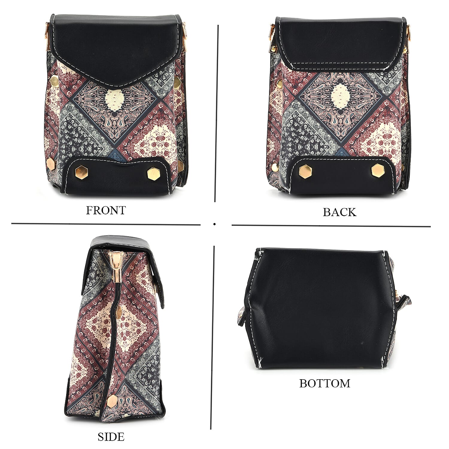 Rhomboid Embroidered Crossbody Bag with Long Adjustable Strap - Black & Green