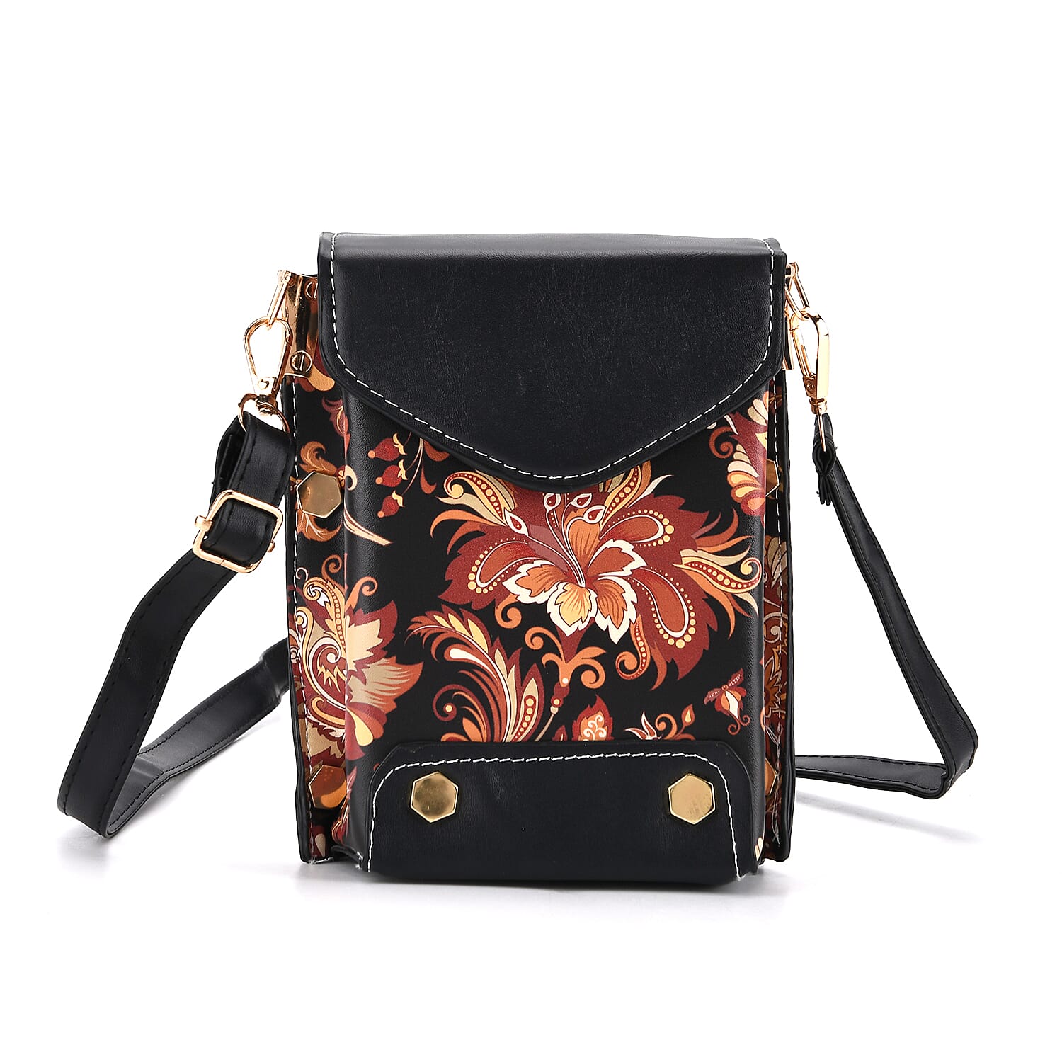 Floral Embroidered Crossbody Bag with Long Adjustable Strap - Black & Orange