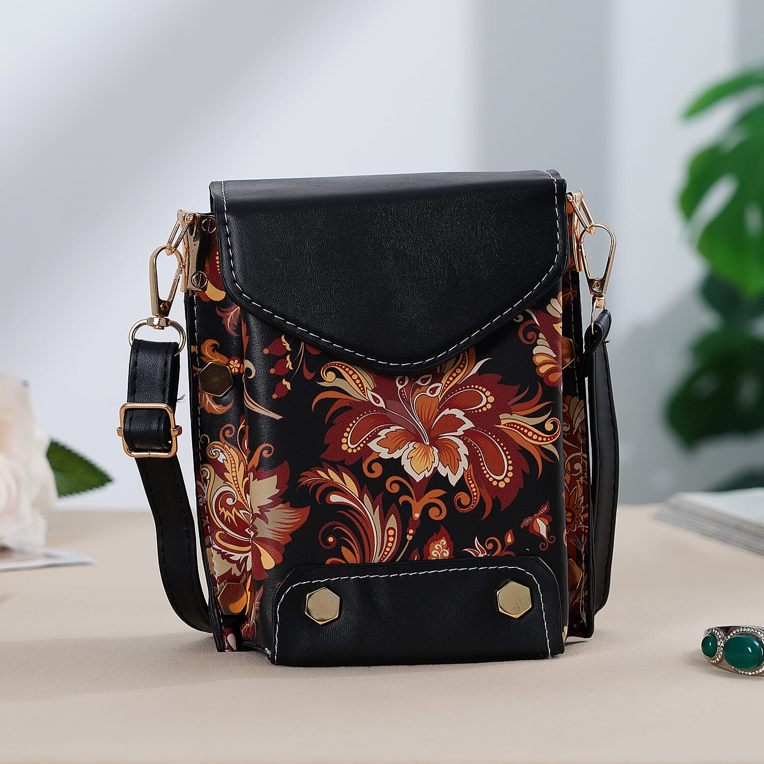 Floral Embroidered Crossbody Bag with Long Adjustable Strap - Black & Orange